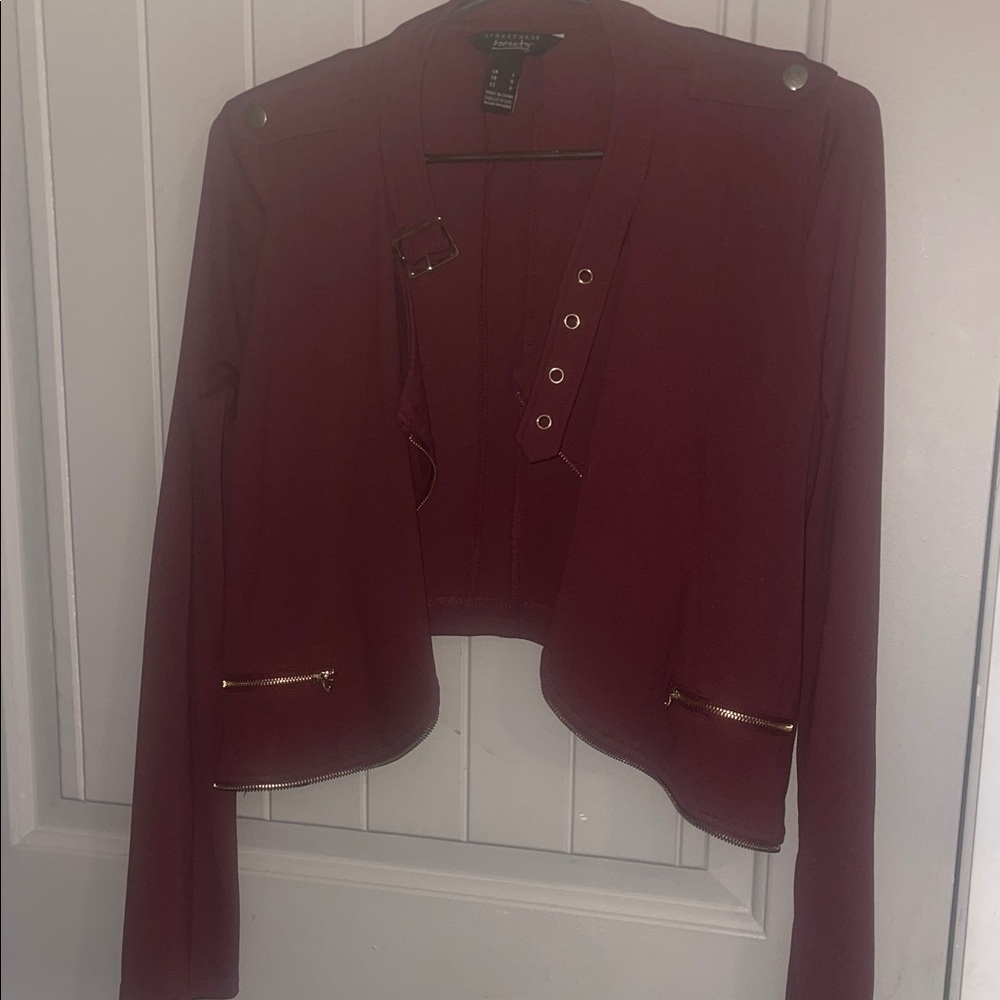 Express Women's Burgundy Cropped Blazer with Gold Hardware